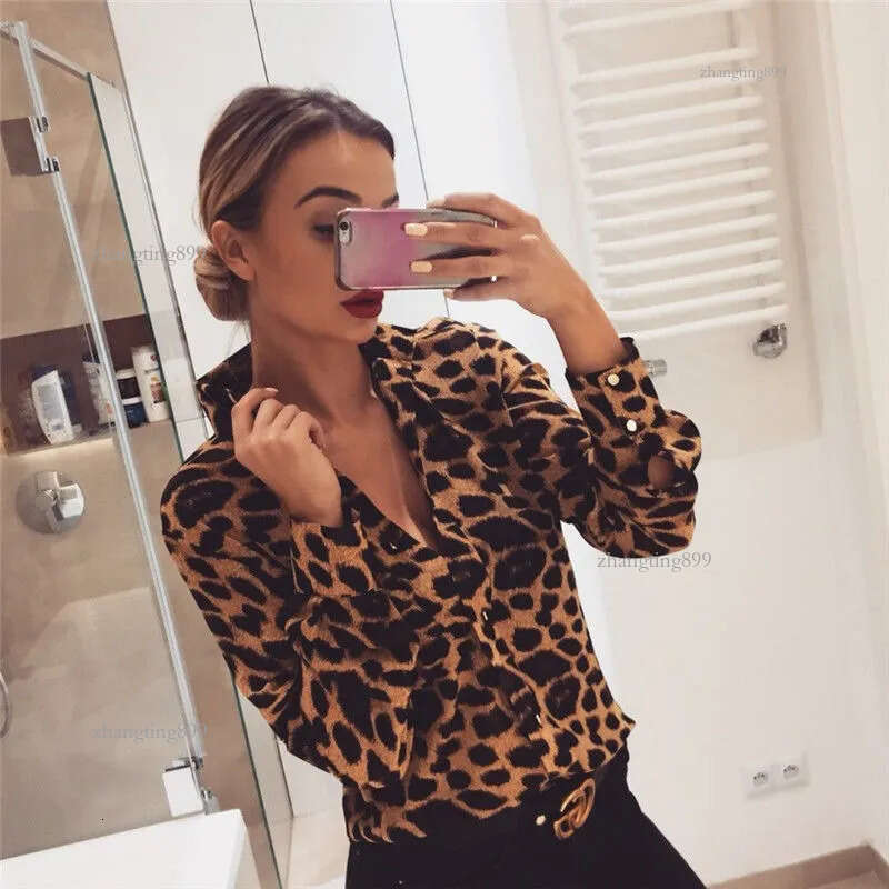 Fashion Womens Leopard Print Long Sleeve Tops and Blouses Loose Shirts V-Neck Party blusas femininas elegante chemise femme
