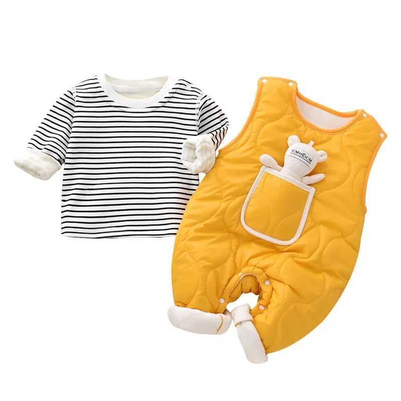 Clothing Sets Autumn Winter Baby Boy Girl Rompers Newborn Plush Thick Cotton Set Warm Striped Top+Jumpsuit with Doll 2pcs Casual Baby Clothes H241126