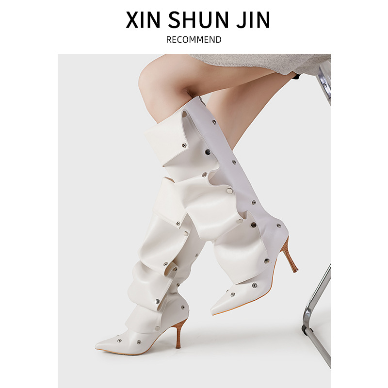 2024 willow stud buckle splicing two wear fine high heel tall boots female personalized spicy girl fashion boots EU35-40