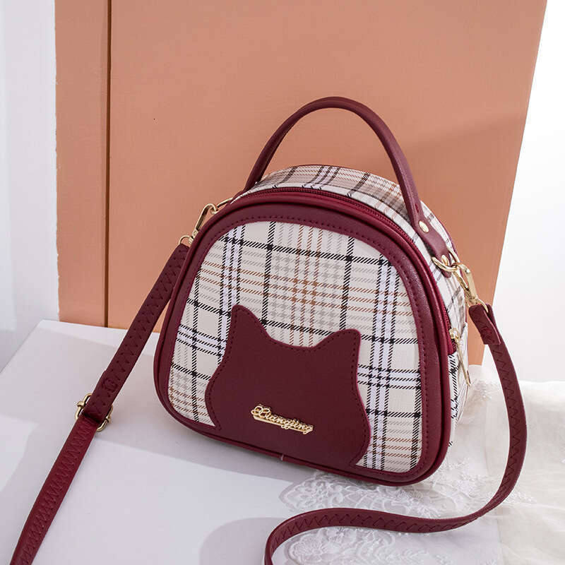 Ladies' 2024 new style plaid contrasting cat face letter label handbag shoulder casual phone gift bag