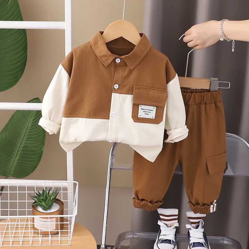 Clothing Sets Spring Autumn Children Clothing Set Baby Boys Patchwork Lapel Shirt + Cargo Pants 2Pcs for 1-5 Years Kids Casual Tracksuit H241126