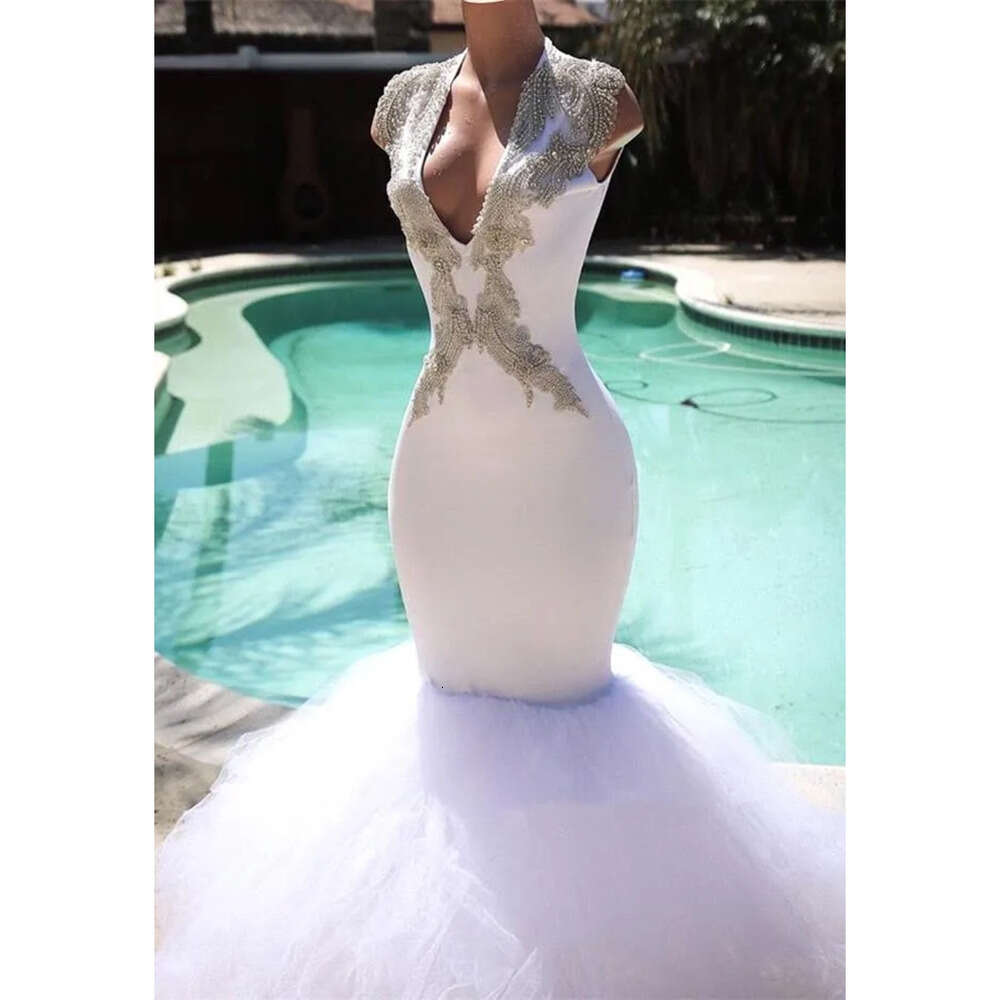 Tulle Mermaid White V Neck Long Beaded Stone Top Sweep Train Evening Party Dresses Prom Gowns Bc 6660306