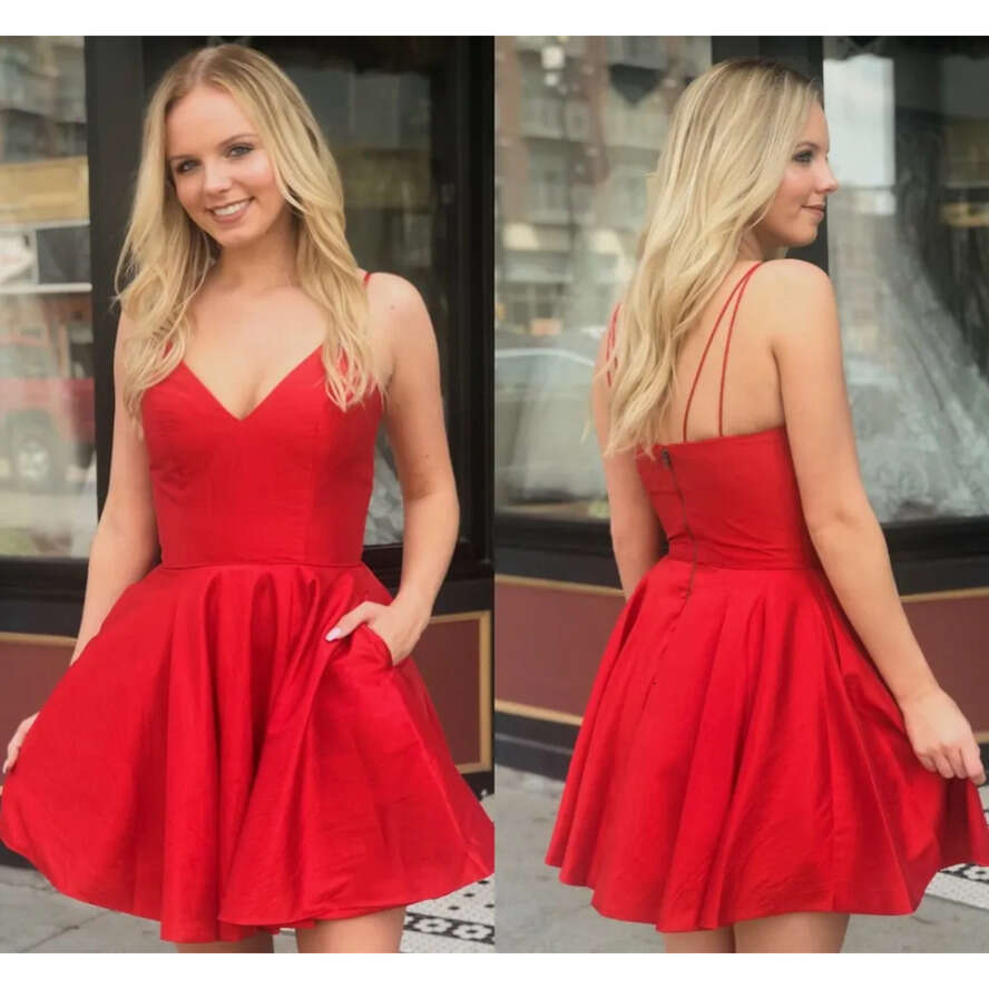 Red Spaghetti Straps Satin A-E Homecoming 2020 Cheap Ruched Pocket Knee Length Short Party Prom Graduation Dresses Bm1547