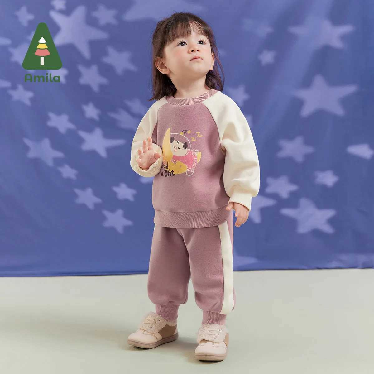 Clothing Sets Amila Baby Children Clothing Set 2024 Winter New Multicolour Round Neck Fleecing Warm Soft Baby Clothing H241126