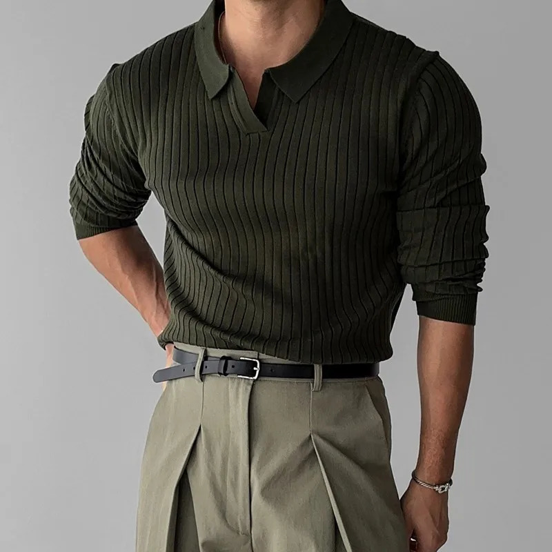Autumn clothing mens lightweight V-neck knitted jacquard polo shirt solid color long sleeved Korean casual knitting 241121