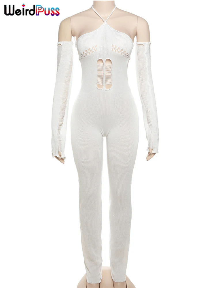 Weird Puss Bandage Knitted Strap HoodieGloves Womens Elastic Sexy Club Backless Hollow Tight Street Stacking Exercise Top 241125