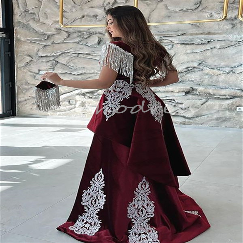 Charming Caftan Moroccan Evening Dress With Detachable Train Mermaid Velvet Burgundy Prom Dress Slit Arabic Israel Lace Party vestido de gala noche mu