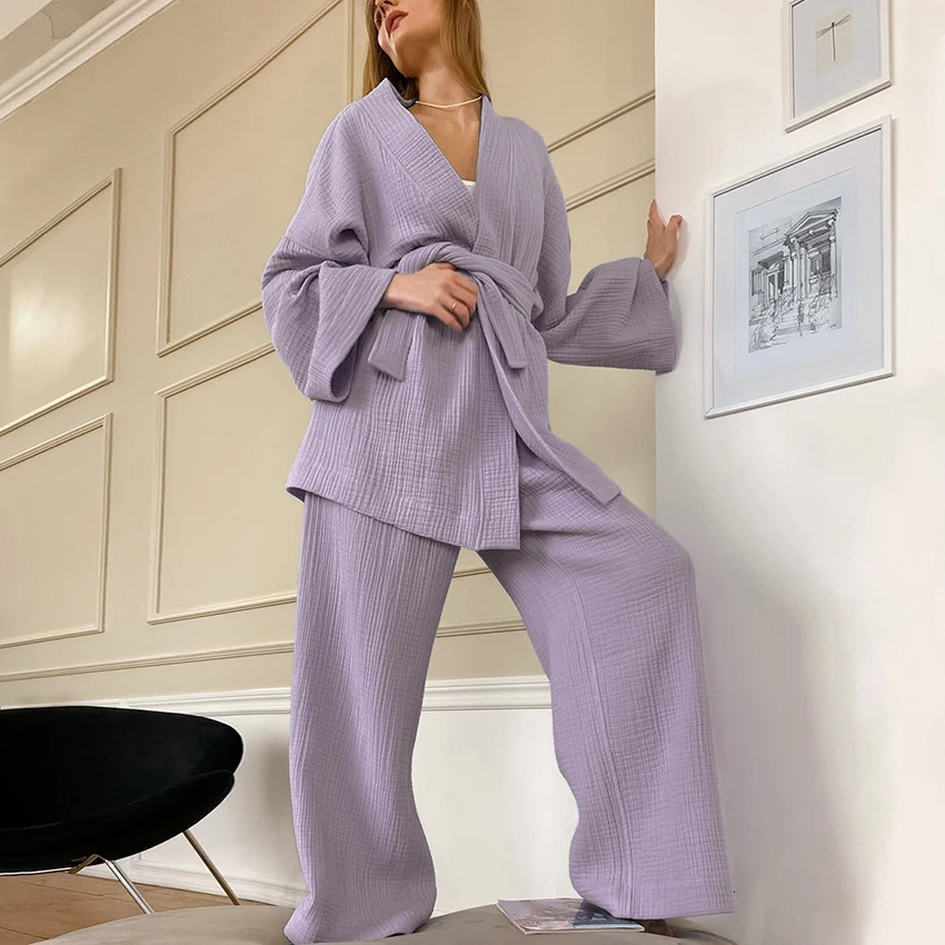Hiloc Cotton Pajamas Womens Pajamas Pajama Set Flame Sleeve Night Dress Womens 2-piece Set Lace Womens Casual Mens Set 241126