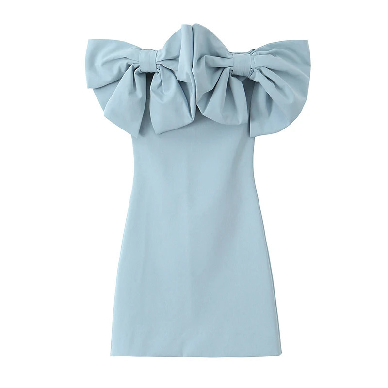 Willshela Women Fashion With Bow Blue Backless Zipper Mini Dress Vintage Strapless Sleeveless Female Chic Lady Dresses 241112