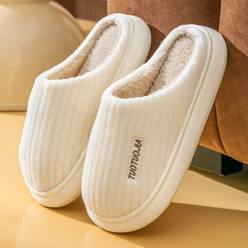 Couple slippers Indoor stripe fluff memory foam fluffy Eva anti-skid soft shoes anti-skid plush slippers Womens winter home 241126