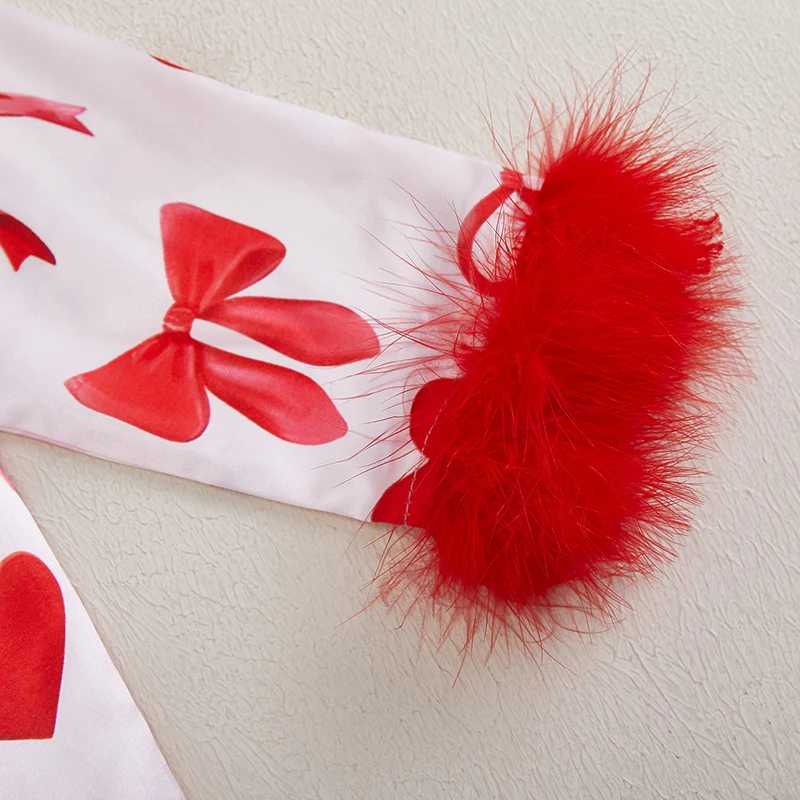 Clothing Sets Kids Baby Girl Pajama Sets Valentines Day Loungewear Set Heart Bow Print Plush Trim Lapel Neck Button-up Tops+Pants Sleepwear H241126