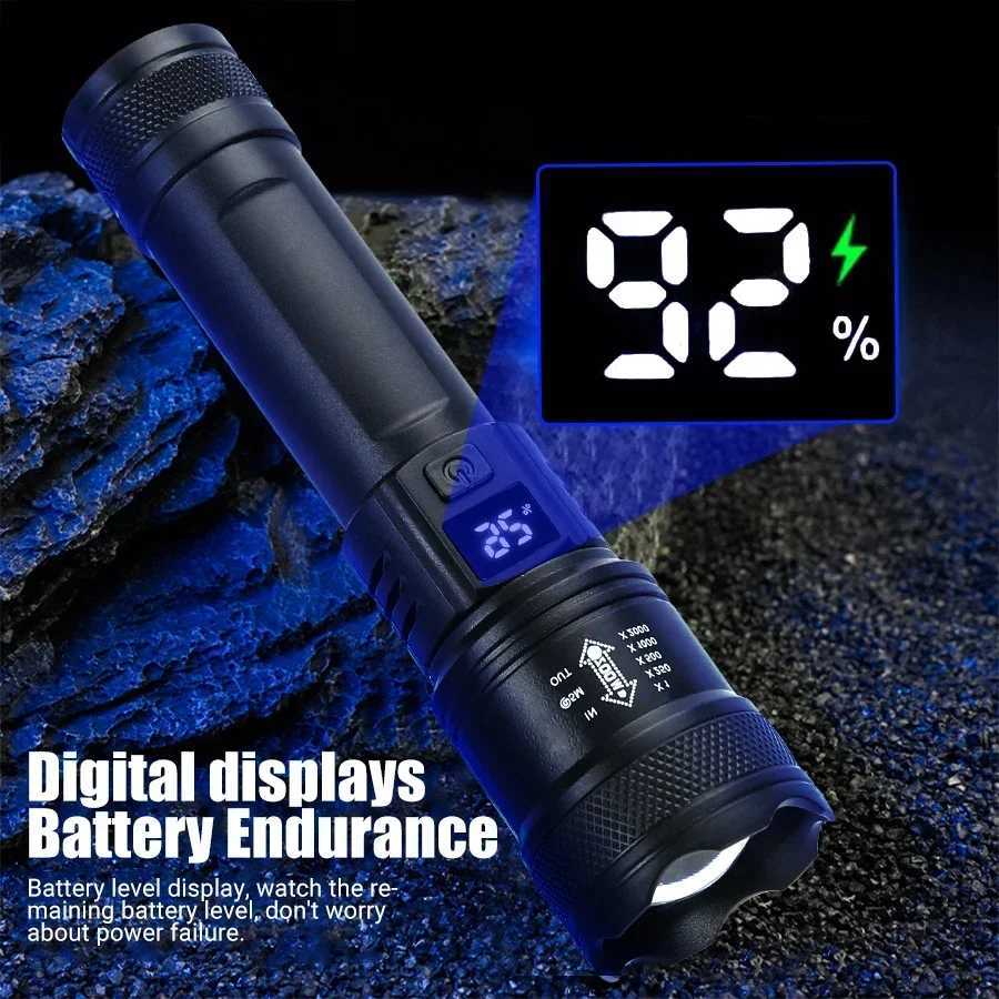 9900LM Powerful LED Flashlight Battery Display USB Rechargeable Light Telescopic Zoom Torch Lamp Outdoor Camping Fishing Lantern Z250211