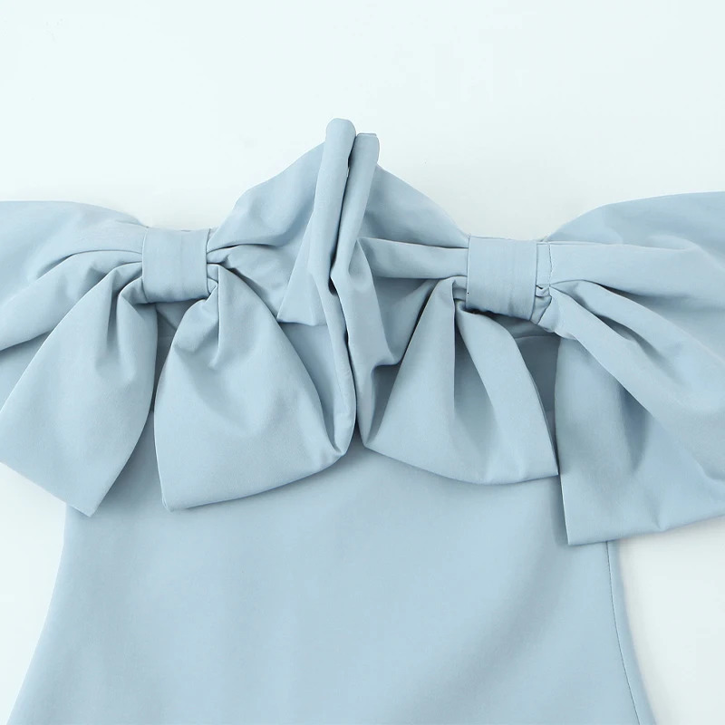 Willshela Women Fashion With Bow Blue Backless Zipper Mini Dress Vintage Strapless Sleeveless Female Chic Lady Dresses 241112