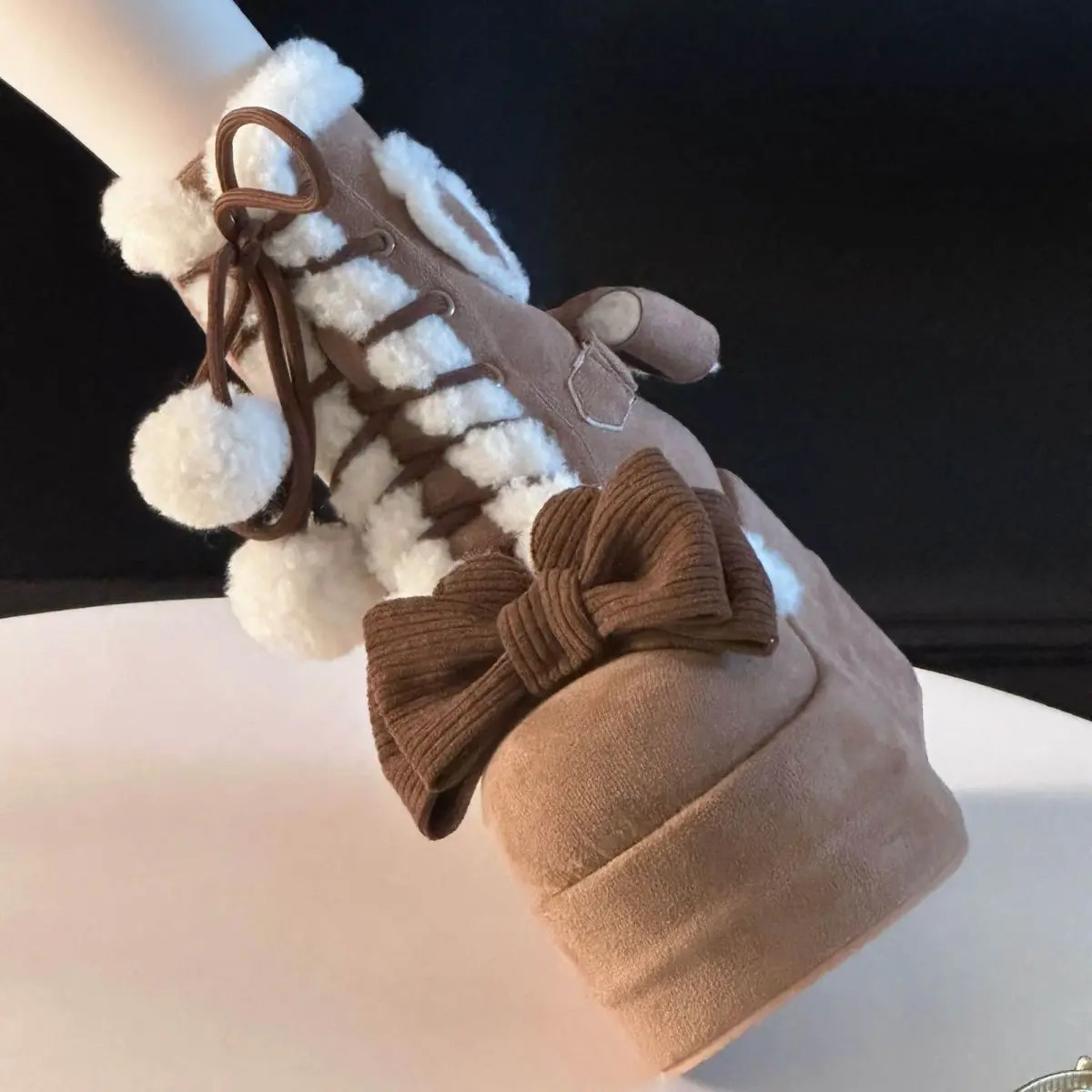 Cute winter girl Lolita mid calf snow boots cute female student plush warm bow lace wedge high heels 241126bj