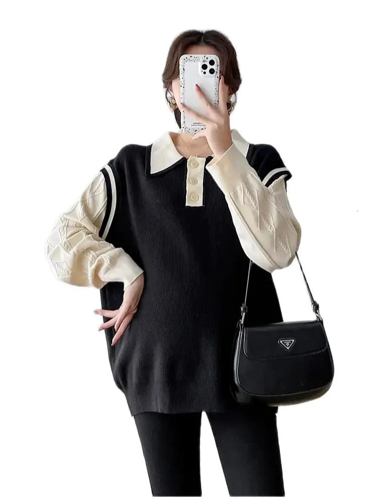 Winter Pregnant Womens Sweater Blocks Color Patching Work Collar Pregnant Womens Knitting Thread Fashion Pregnant Womens Knitting 241126