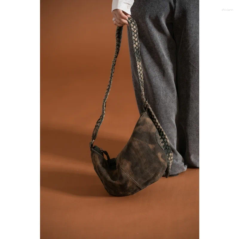 Totes Niche Design Original Retro Washed Bag Hand-woven Shoulder Strap Spliced Cowhide One-shoulder Cross-body Tote For Women zhanyishengli