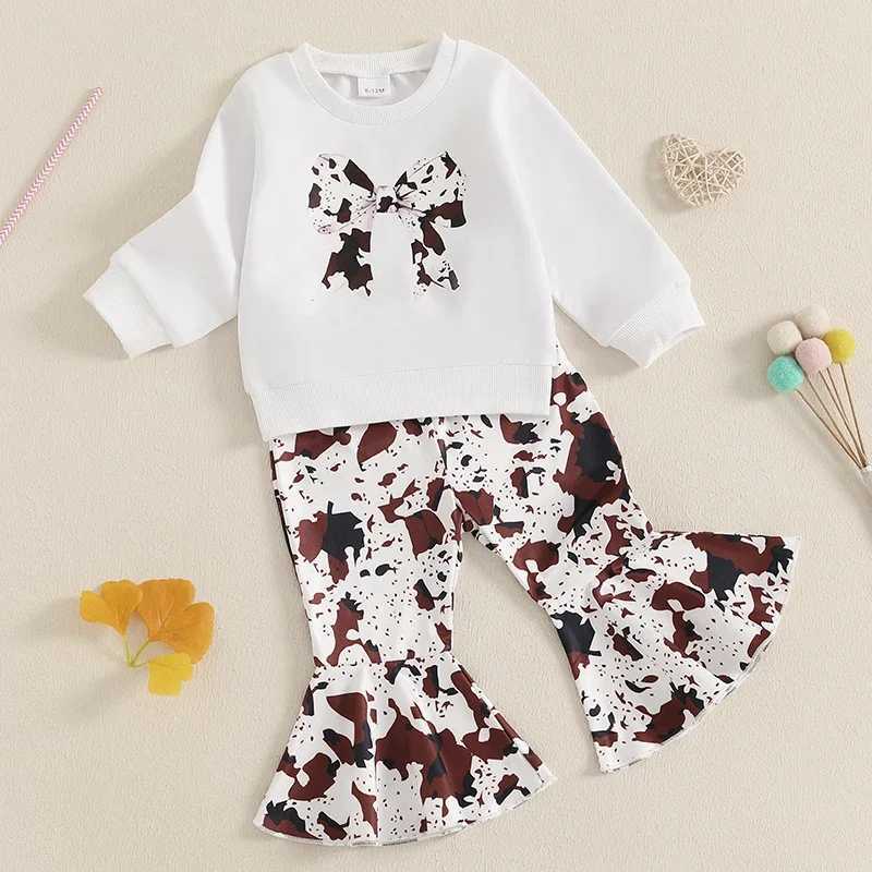 Clothing Sets Baby Girl 2Pcs Western Outfits Long Sleeve Bow Print Sweatshirt Tops Flare Pants Set Childrens Clothing Set 0-4Y H241126
