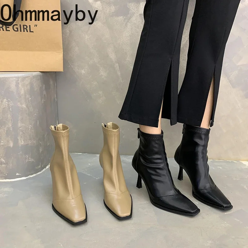 High Heel Women Stretch Slim Ankle Boots Fashion Elegant Square Toe Short Booties Autumn Winter Laides Warm Fleeces Shoes 241114