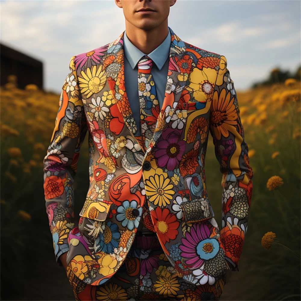 Checkered mens 2-piece set floral print wedding party best mens tailcoat jacket set button plus size X241126