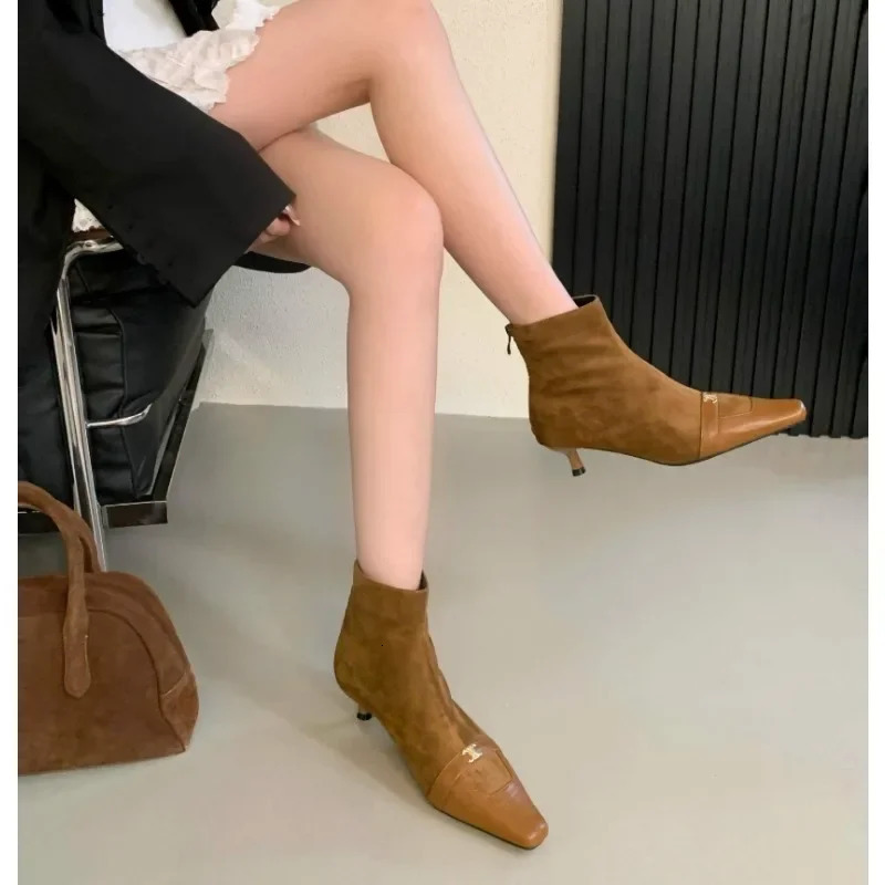 Footwear Pointed Toe Ladies Short Booties Slip On Shoes Fashion er Elastic Women Ankle Modern Boots Medium Heels Shoes 241114