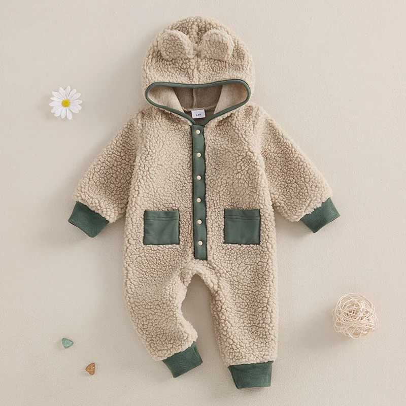Clothing Sets Baby Boys Girls Fleece Jumpsuits Newborn Winter Warm Long Sleeve Contrast Color Button Up Hooded Rompers for Toddlers H241126