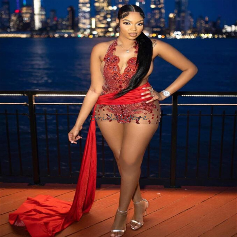 Red Baddies Prom Dresses For Black Women Luxury Crystal See Through Short Evening Dress With Train Diamond Vestidos De Gala 2024 Aso Ebi Birthday Part