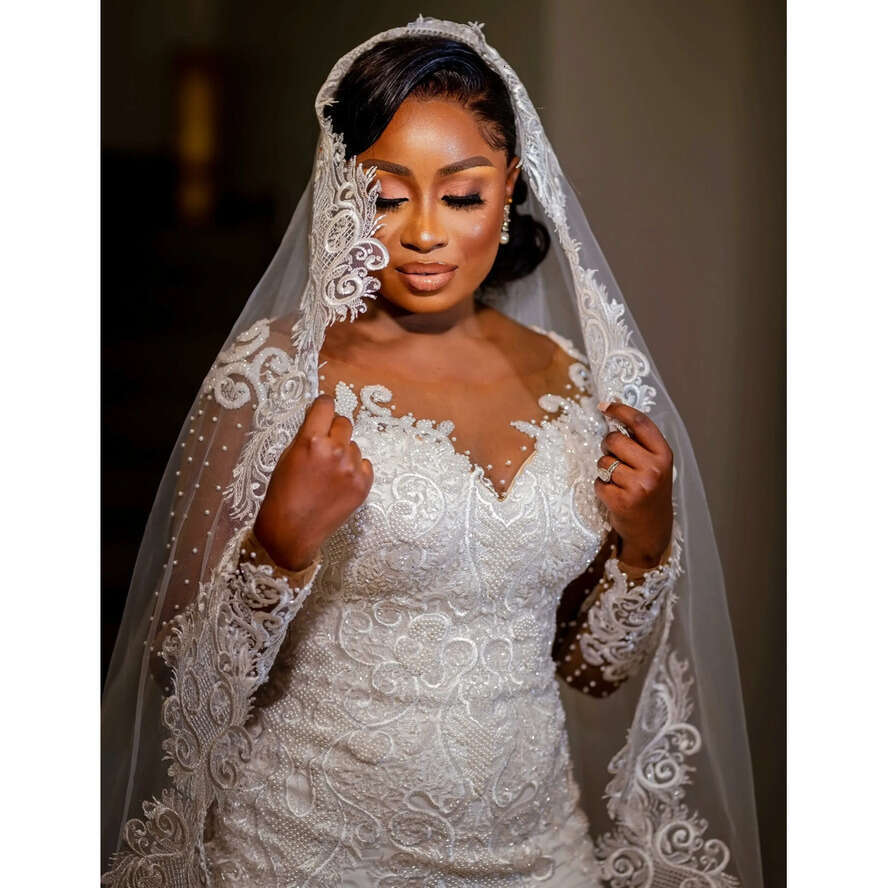 2023 Lace Mermaid Sheer Long Sleeves Pearl Beaded Wedding Dresses African Plus Size Bridal Gowns Bc15031 0215