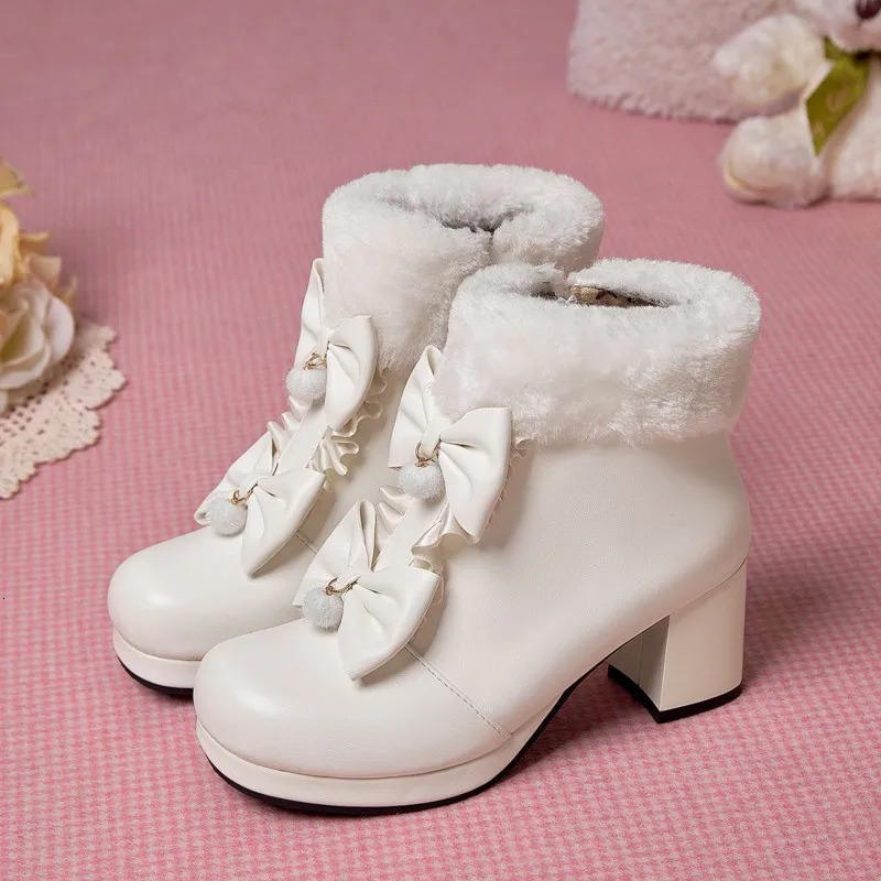 Winter Warm Wool Fur Decoration Sweet Lolita Shoes Womens Ankle Boots Role Playing Kawaii Princess Platform Girl Botas Plus Size 43 241126