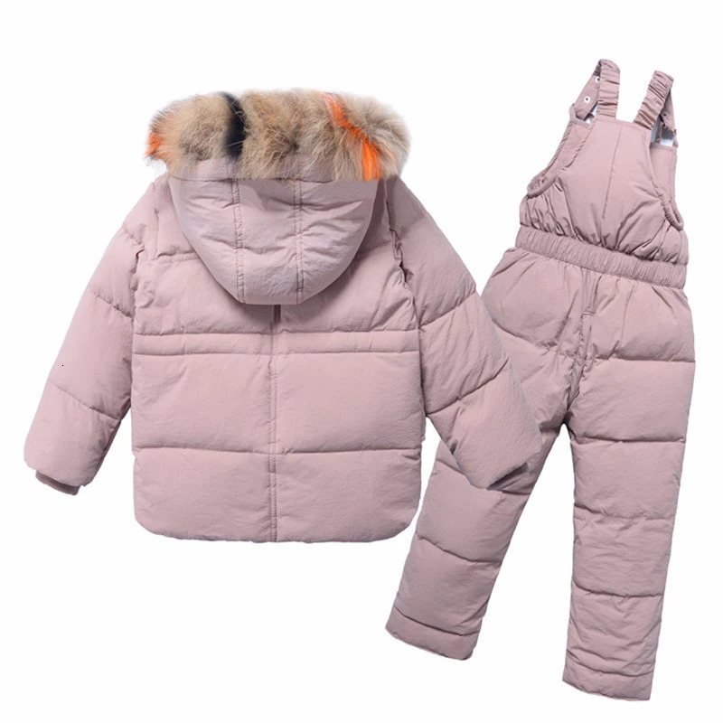 Winter 2 3 4 6 8 Years Fur Hooded JacketOveralls Suit 2Pcs Duck Down Children Clothing Set for Baby Kids Girls Boys 241126