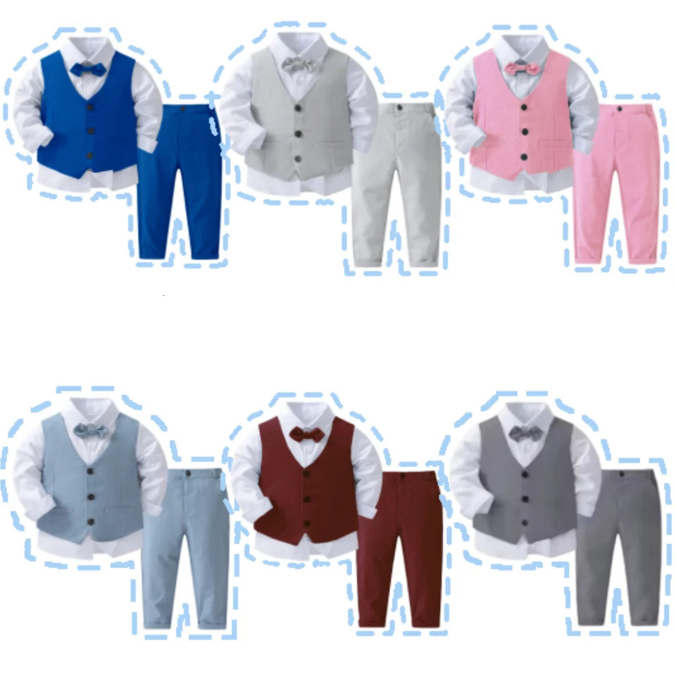 Gentleman Outfits Birthday Costume for Boy Children Spring Autumn Boutique Clothing Set Solid Vest Suit Kids Cotton Formal Wears 241126
