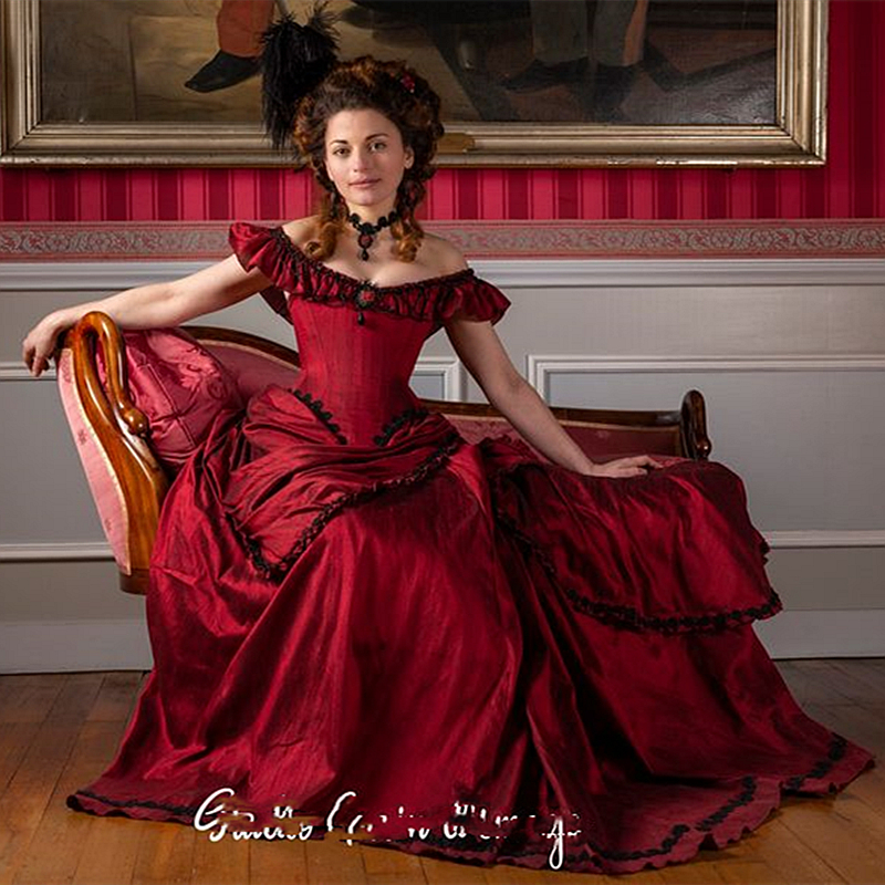 Ruched Victorian Bustle Prom Dresses Dark Red Off Shoulder Vintage Princess Evening Gown For Women 2024 Corset Halloween Masquerade Special Occasion W