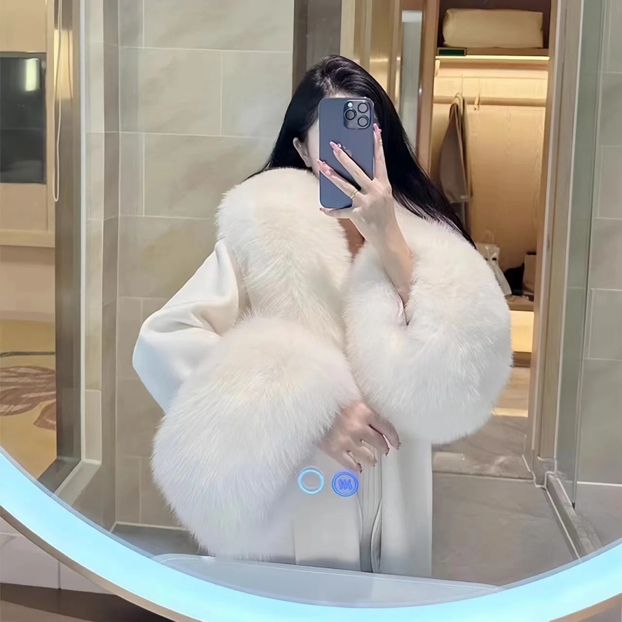 Womens Cashmere JacketKorean Open Stitch Coat Lace-up Fur Collar Blends Female Clothes Loose Long Overcoat Autumn Winter 241126