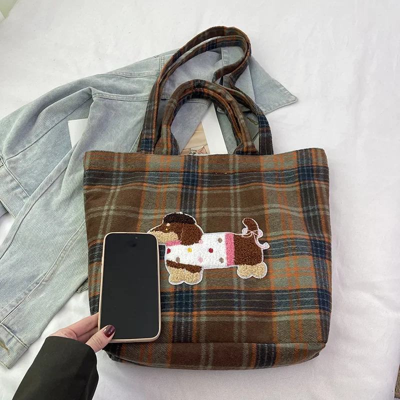 Retro Plaid Cartoon Woolen Shoulder Womens Bag Casual Lazy Wind Tote Large Capacity Shopping 241125