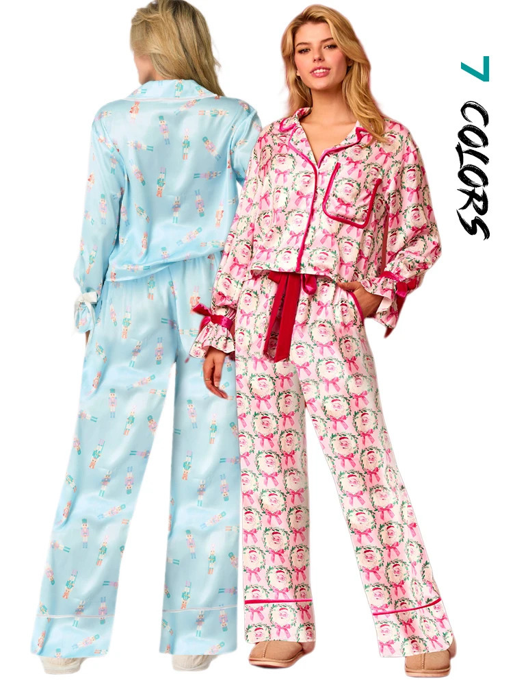 Leisure Y2K Pink Bow Womens Pajama Set 2-piece Long Cute Long Sleeve Matching Lounge Shirt Set 90S Santa Claus Pajama 241126