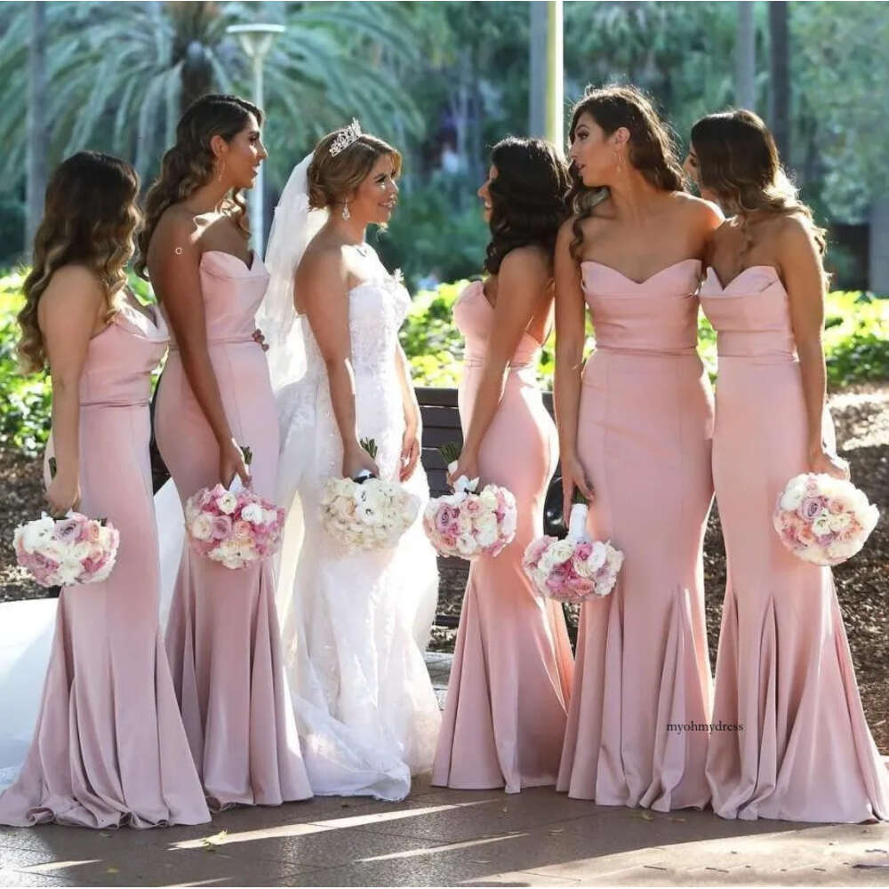 UPS New Blush Pink Sweetheart Satin Mermaid Bridesmaid Ruched Floor Length Wedding Guest Long Maid of Honor Dresses 2024