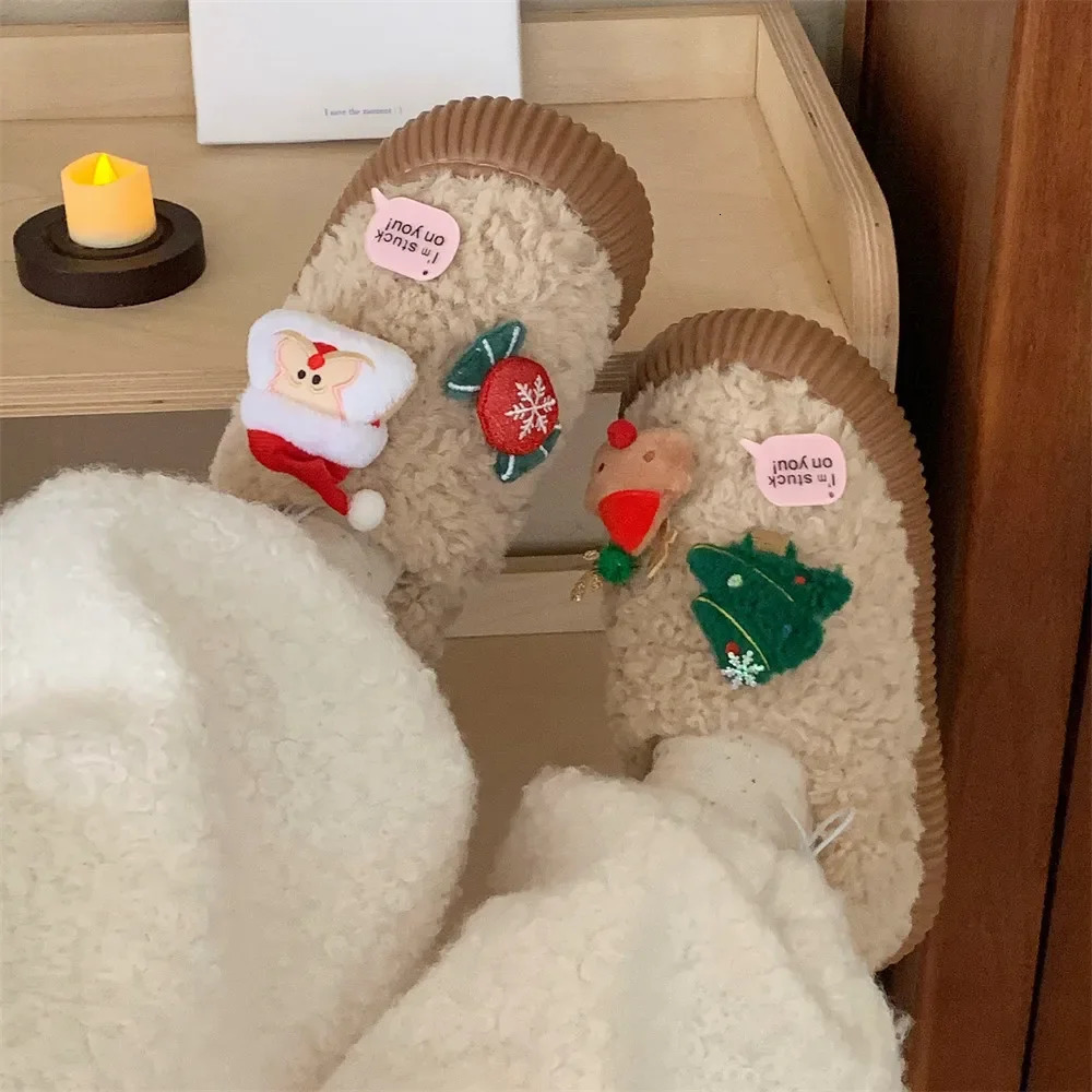 Winter Cotton Warm Plush Fur Antiskid Christmas Slippers Deer Antler Cotton Mops Outdoor Breathable Sole Soft Home Couples Shoes 241126