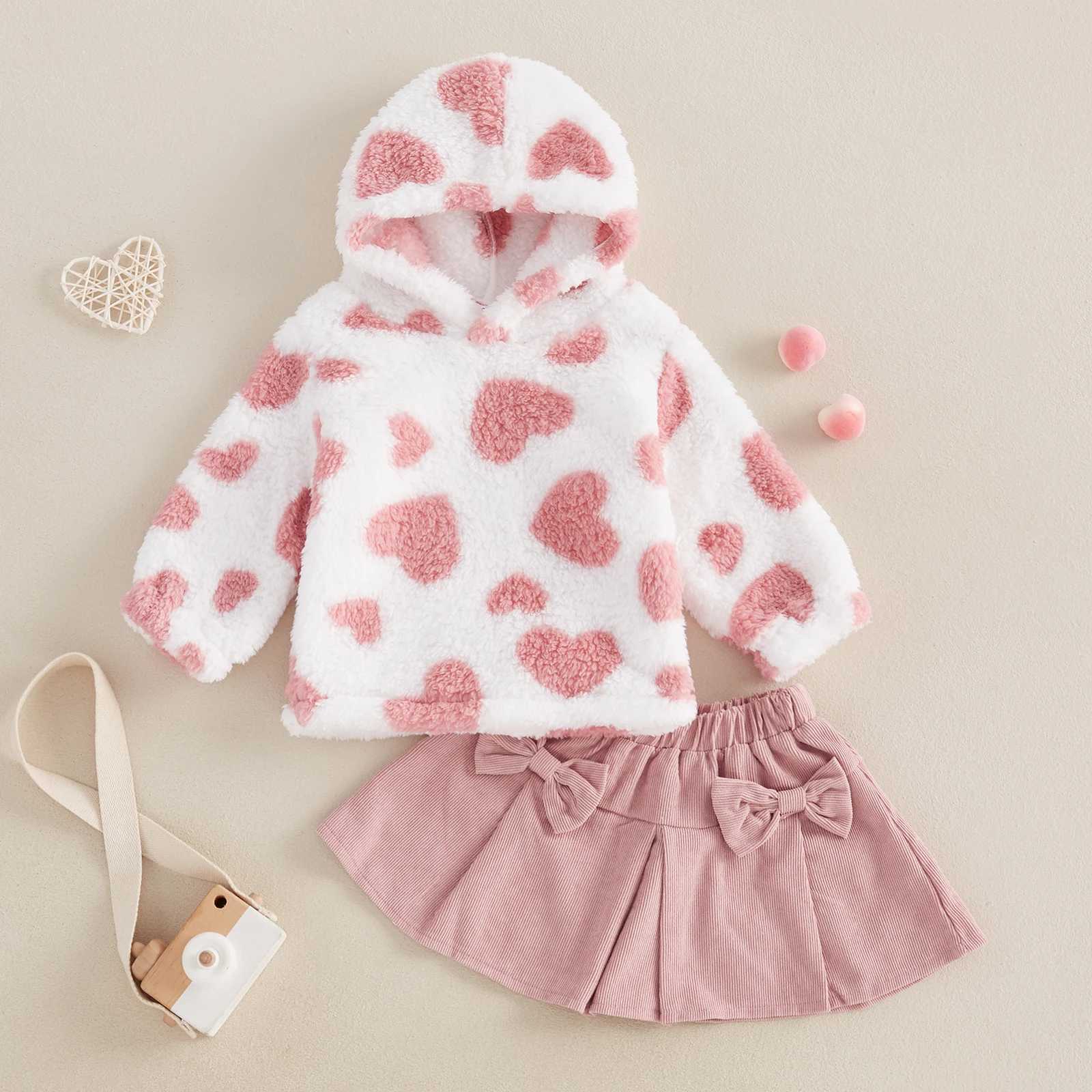 Clothing Sets 0-3Years Toddler Baby Girl Fall Winter Outfits Heart Long Sleeve Fleece Hoodies Bow Elastic Waist Mini Skirt 2 Piece Kids Sets H241126