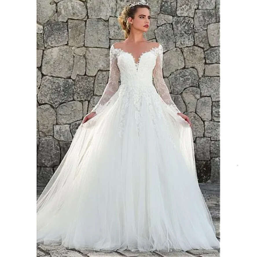 Elegant Lace A-E Dresses Illusion Necke Long Sleeve Vestios De Novia Tulle Applique Custom Made Sexy Back Bridal Wedding Gowns