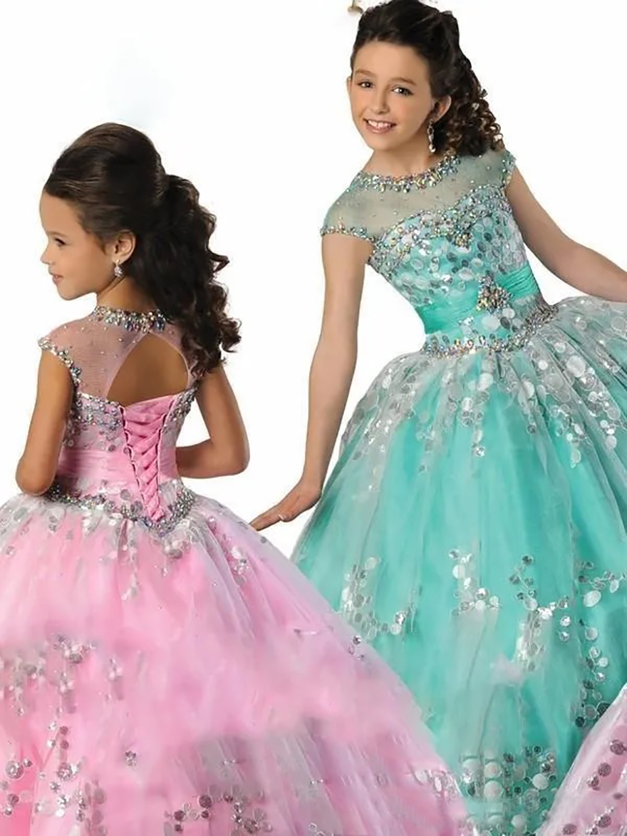 2024 Princess Girl's Pageant Dresses Beaded Ruffles Sheer Neck Ball Gown Floor Length Pink Blue Flower Girl Dresses Sequins Dress