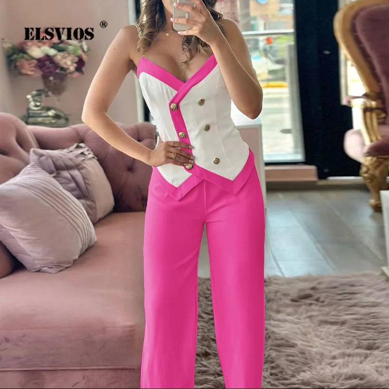 Elegant Double Breasted Sling Printing Sets For Women Summer Fashion Sleeveless Sexy Off-shoulder Long Pants Female Party Suits 240415