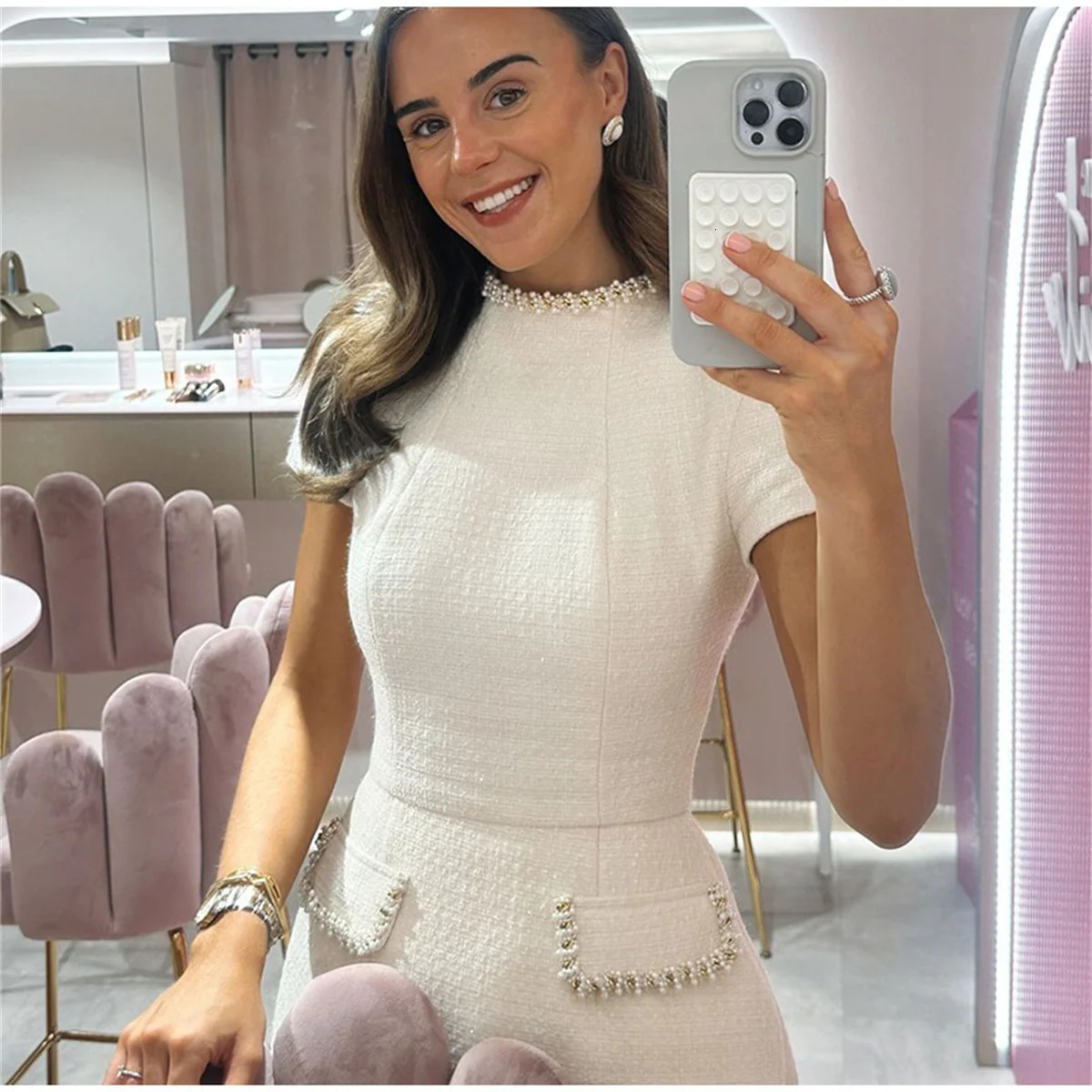 Elegant lace A-line Vestidos womens solid slim shoulder pad short sleeved party dress O-neck patch work evening dress 241125