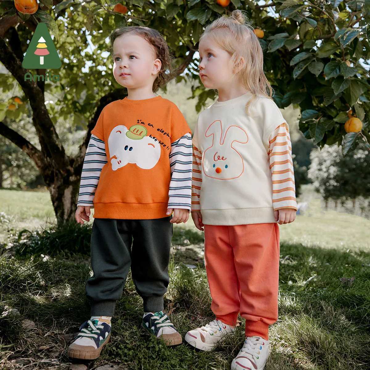 Clothing Sets Amila 2024 Spring New Boy Girl Set Stitched Sleeve Cartoon Animal Pattern 100% Cotton Casual Simple Kids Set H241126