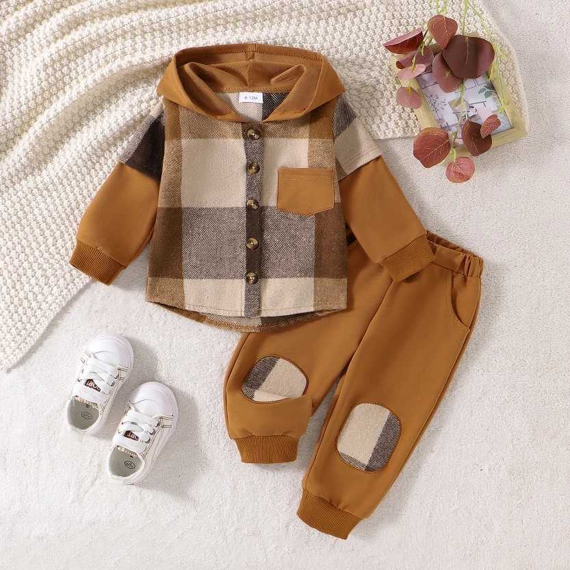 Clothing Sets Little Boy Girl Autumn Pants Sets Contrast Color Plaid Long Sleeve Hooded Jackets TopsTrousers Outfits Kids Streetwear H241126