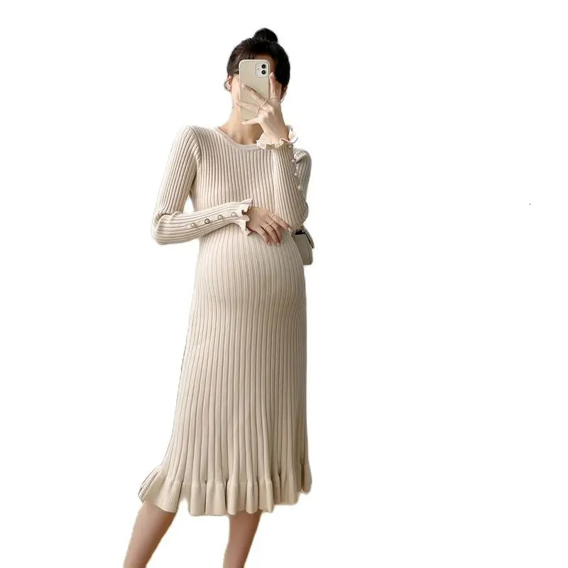 Autumn and Winter Knitted Pregnant Sweater Fashionable and Elegant A-line Ultra Thin Dress for Pregnant Women with Beads and Ruffles 241126