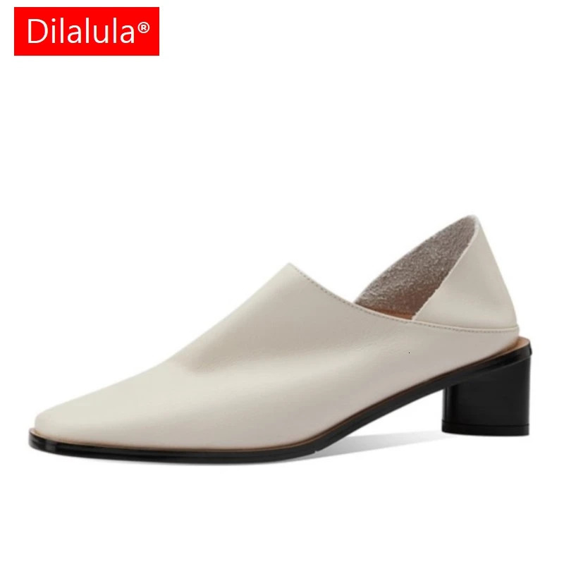 Dilalula 2024 slip-on Genuine Leather Women Pumps Square Toe Med Thick Heels Soft Upper Pumps Office Ladies Dress Shoes 241126