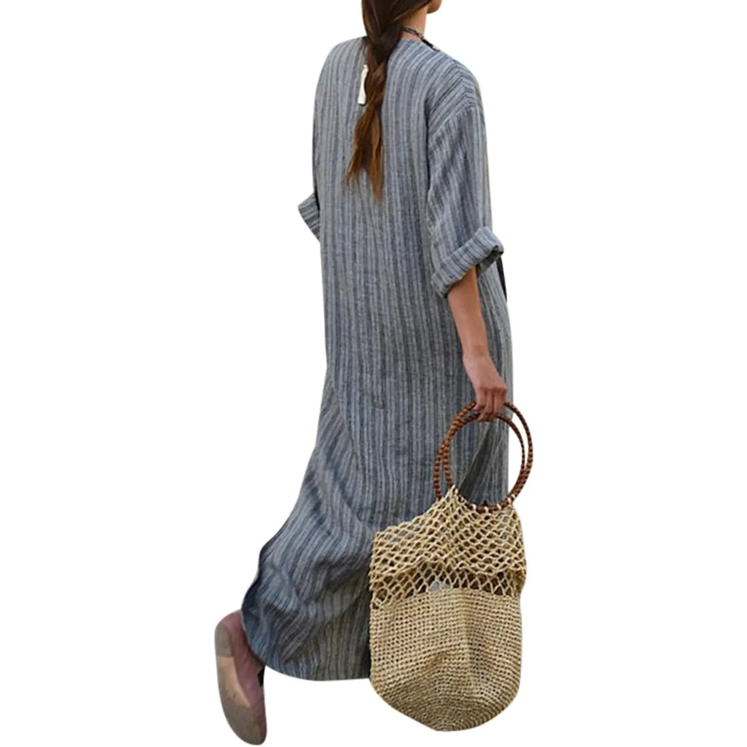 Women Vintage Oversized Maxi Dress Striped Pockets Cotton Linen Dresse Vestidos Sexy Loose Dresses Plus Size Long Sleeve Casual 241112