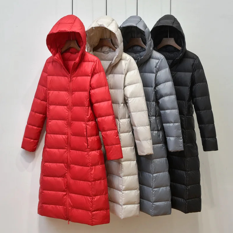 Womens Long Down Jacket Style Womens Ultra Light Knee Fashion Slim Fit Hooded Down Jacket Casual Inflatable Jacket 241126