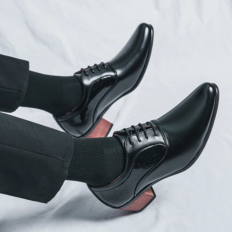 mens lace up Oxford shoes 2024 genuine leather high heels club classic pointed casual fashion shoes style 241126