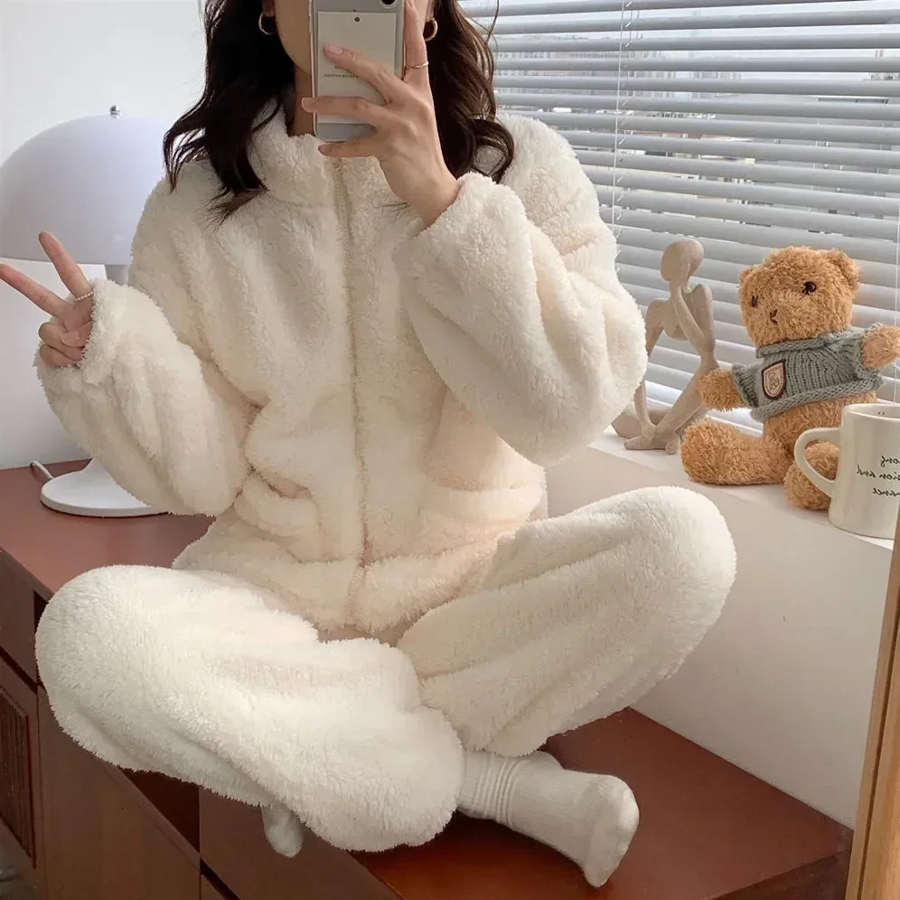 Winter Pajama Set for Womens Kawaii Warm Turtle Neck Pajama Zipper Coral Velvet Thick Comfortable Loose Simple Daily Soft 241126