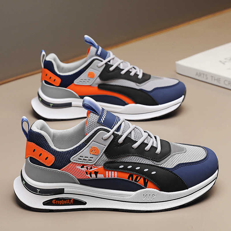 High Quality Spring mens shoes with leather splicing mesh breathable running and trendy shoes comfortable mesh lining low cut Forrest Gump shoes T2411